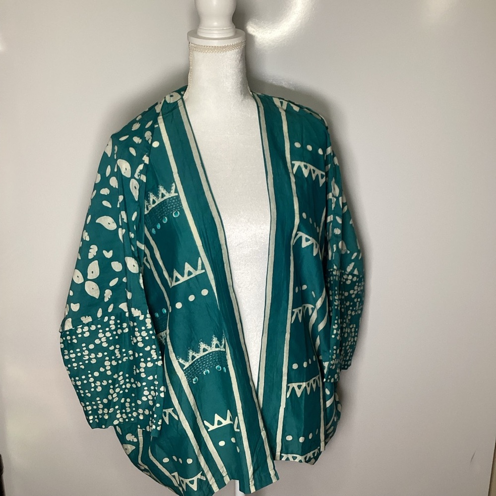 Teal Patterned Open-Front Poncho Shrug